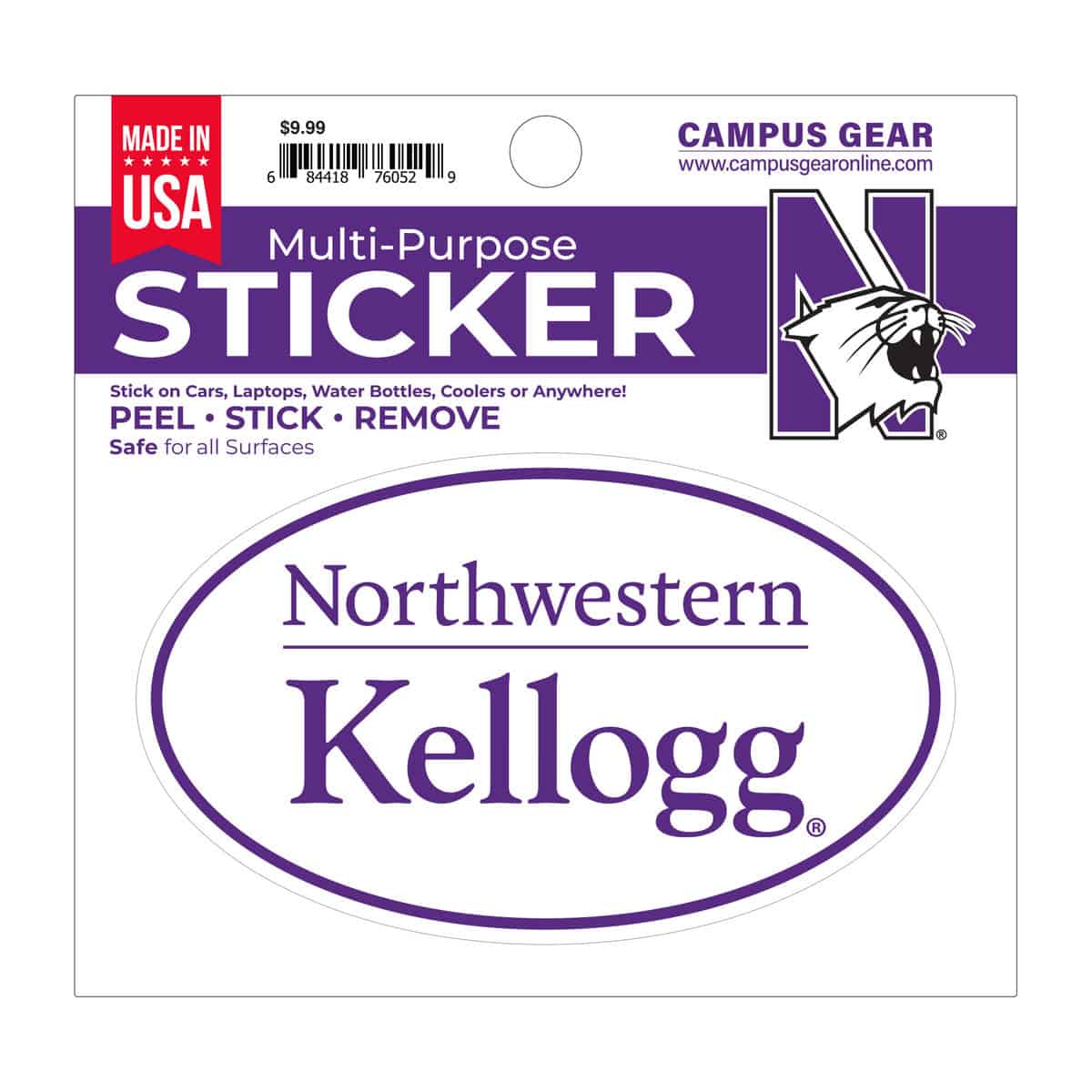 Northwestern University Wildcats Full Color Outside Application 3"X5" Oval Multi-Purpose Sticker Design #1 Kellogg