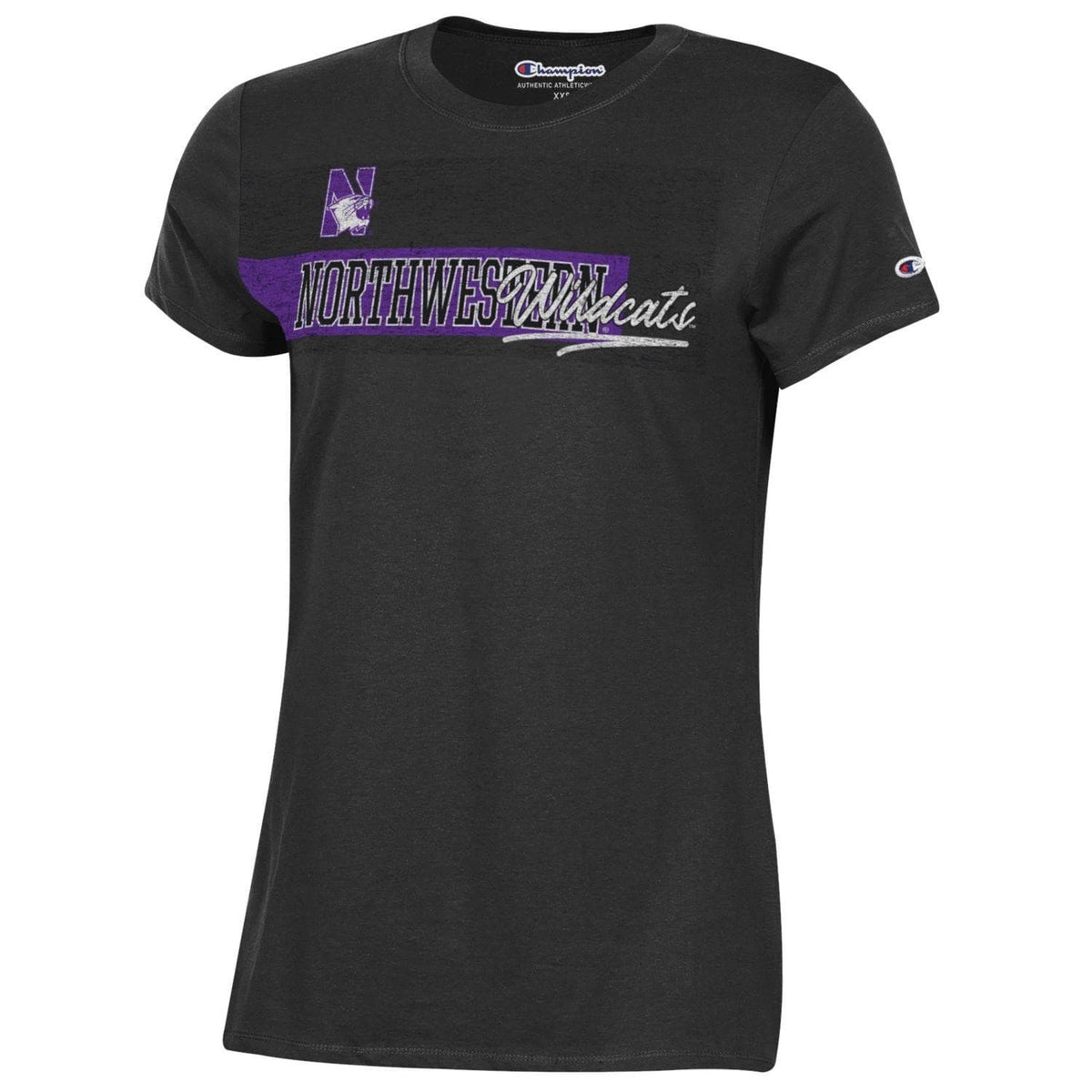 Northwestern University Wildcats Champion Ladies Black Tee Shirt with Seam to Seam Distressed Design