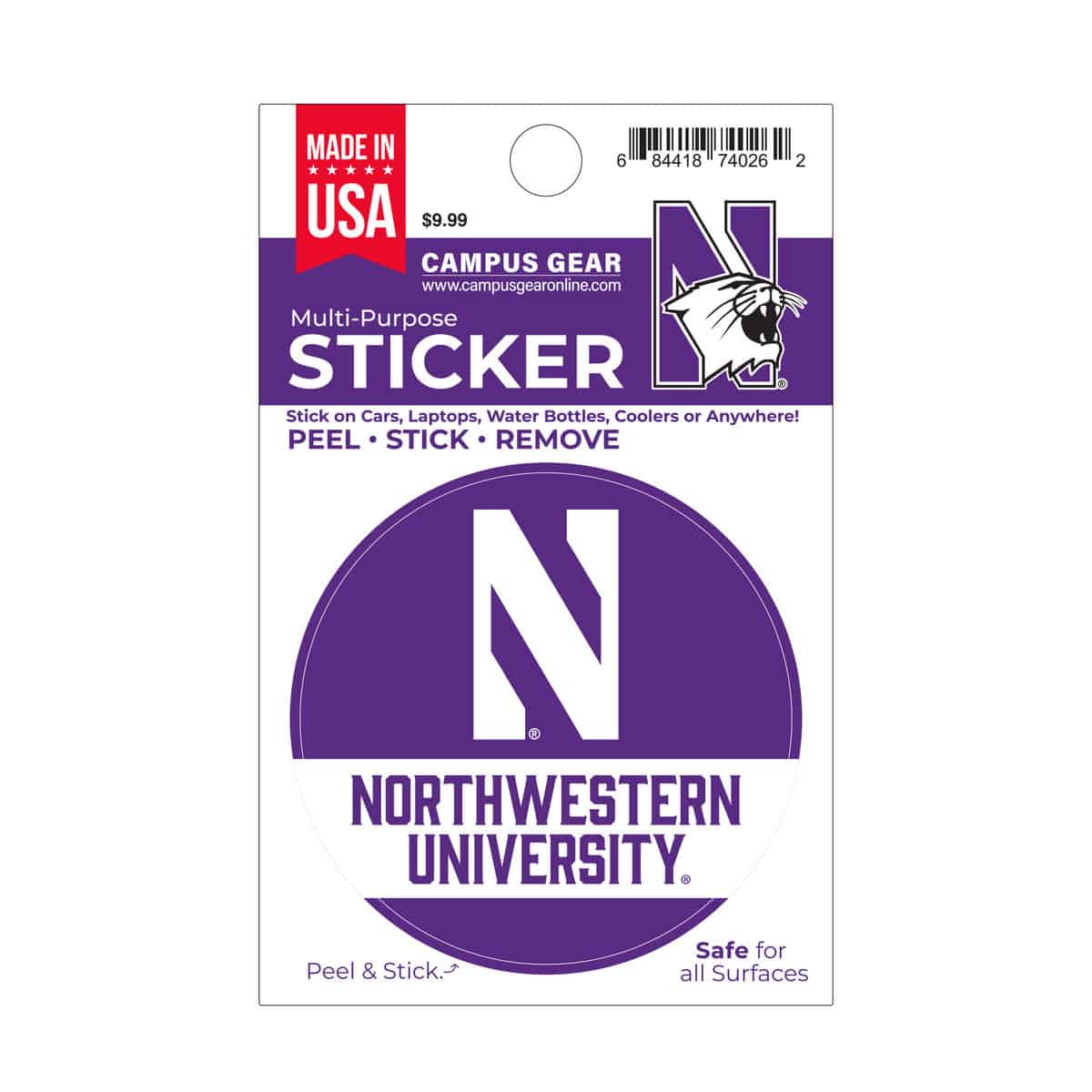 Northwestern University Wildcats Full Color Outside Application 3" Circular Multi-Purpose Sticker Design #3 Stylized N