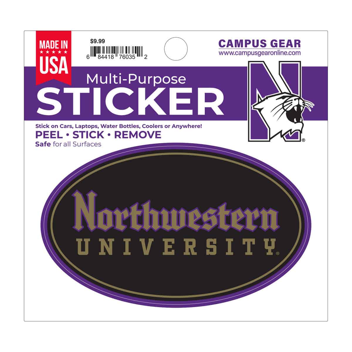 Northwestern University Wildcats Full Color Outside Application 3"X5" Oval Multi-Purpose Sticker Design #4 Gothic