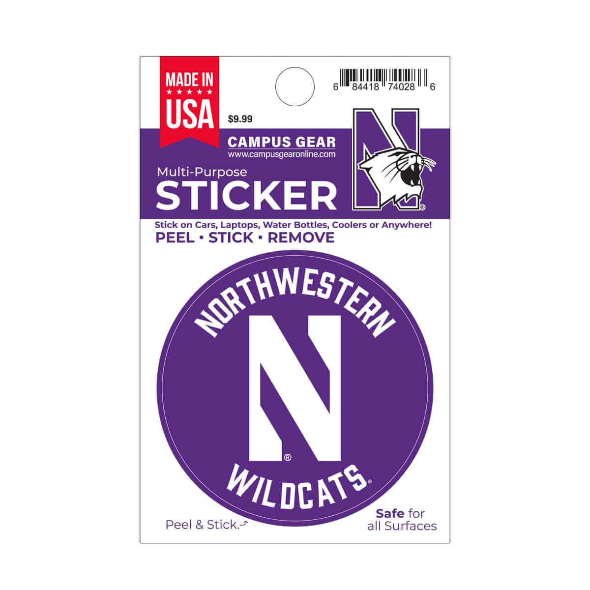Northwestern University Wildcats Full Color Outside Application 3" Circular Multi-Purpose Sticker Design #5 Stylized N