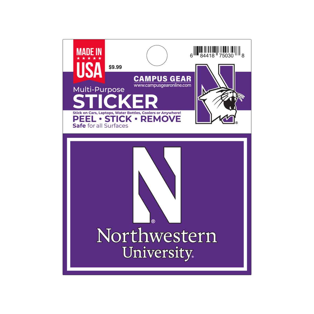 Northwestern University Wildcats Full Color Outside Application 4"X3" Rectangular Multi-Purpose Sticker Design #6 Stylized N