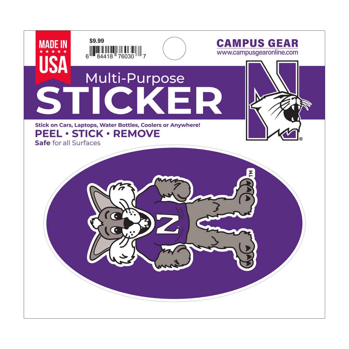 Northwestern University Wildcats Full Color Outside Application 3"X5" Oval Multi-Purpose Sticker Design #6 Willie The Wildcat