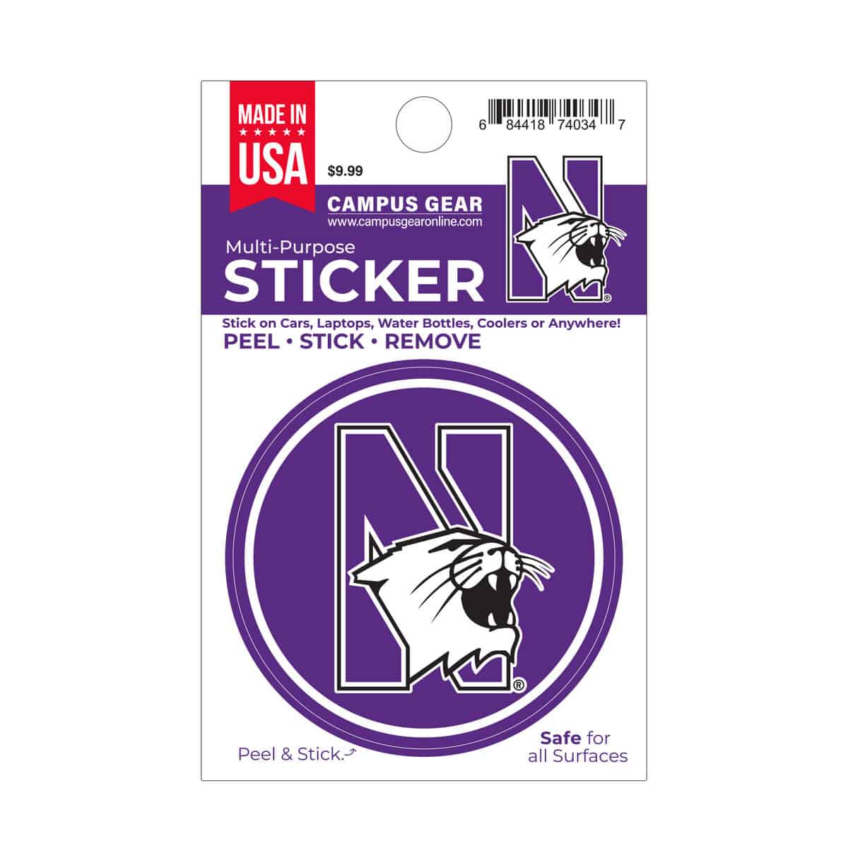 Northwestern University Wildcats Full Color Outside Application 3" Circular Multi-Purpose Sticker Design #7 N-Cat