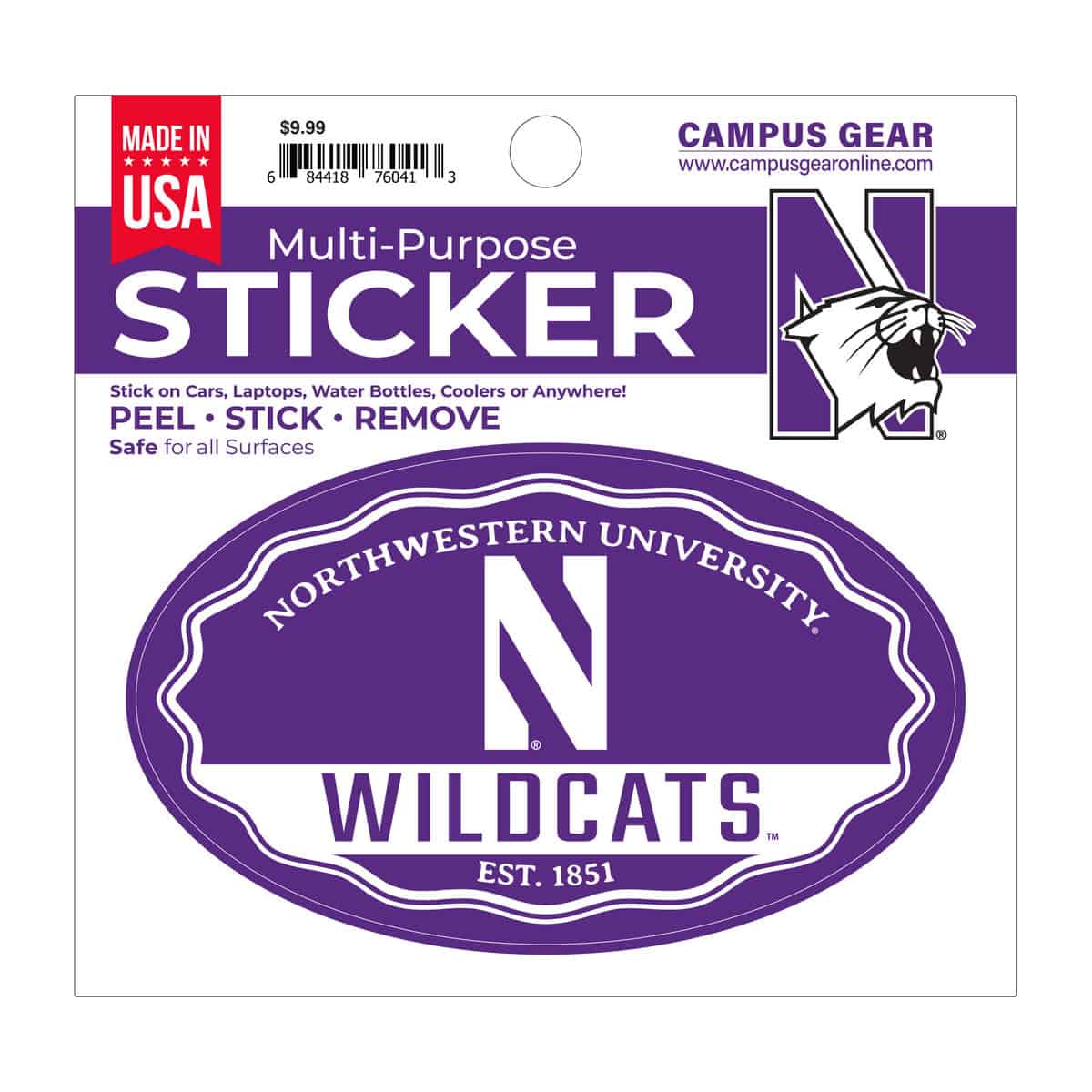 Northwestern University Wildcats Full Color Outside Application 3"X5" Oval Multi-Purpose Sticker Design #8 Stylized N