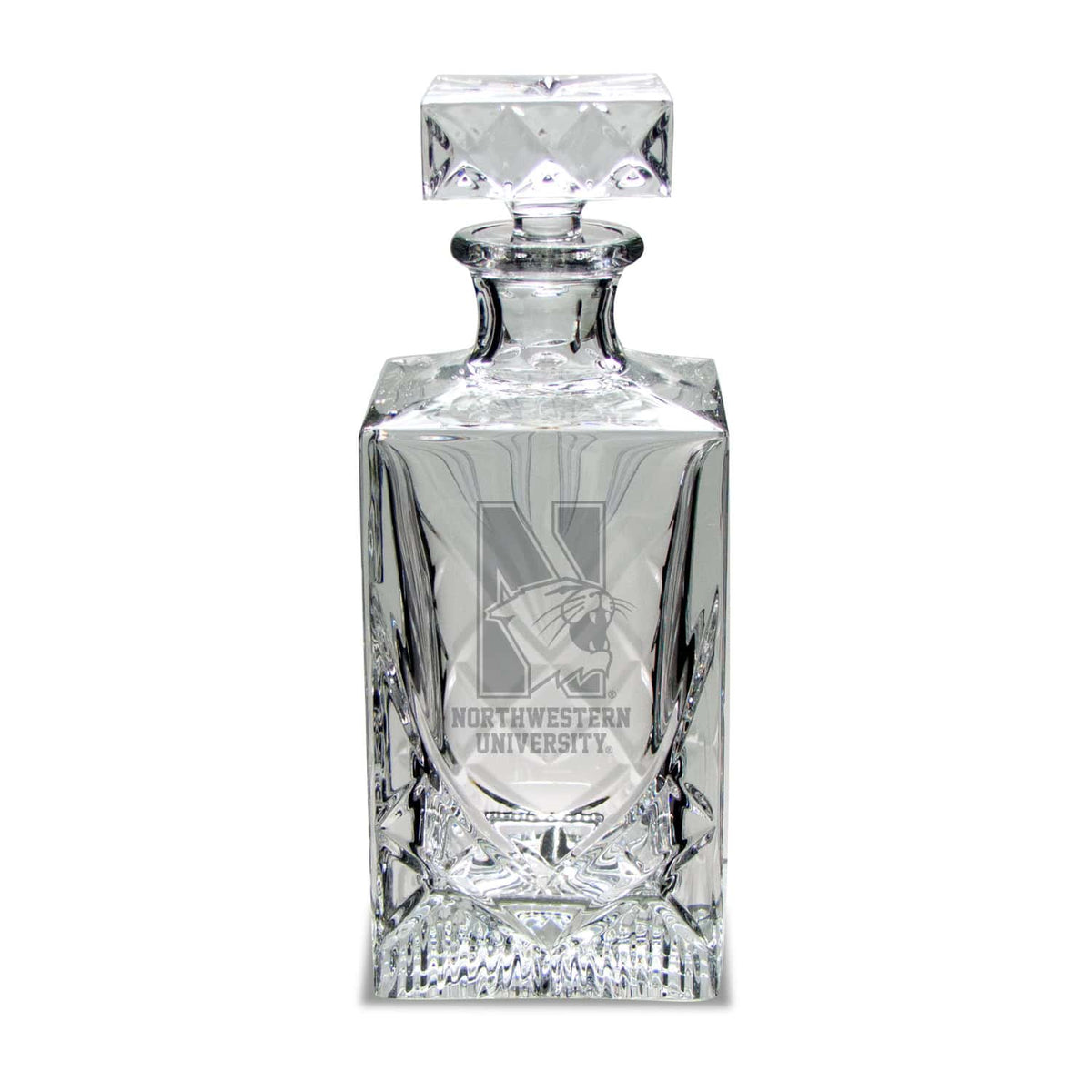 Northwestern University Wildcats 38 oz Hand Cut Square Crystal Decanter with Deep Etched N-Cat Design