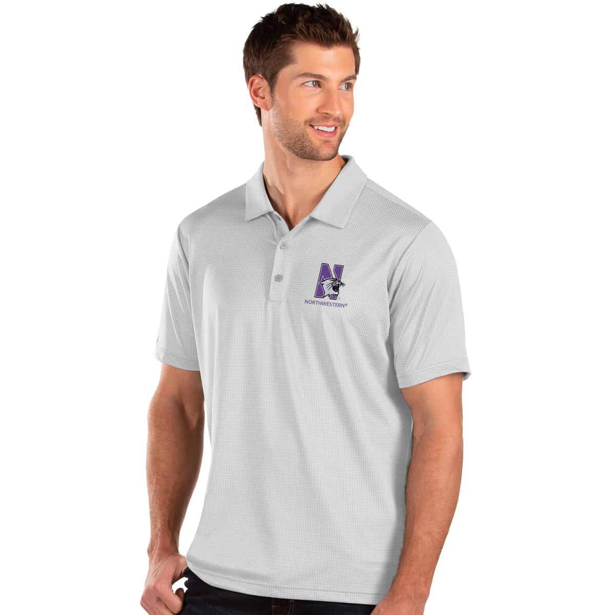Northwestern University Wildcats Men's Antigua White Multi Balance Polo Shirt with N-Cat Design