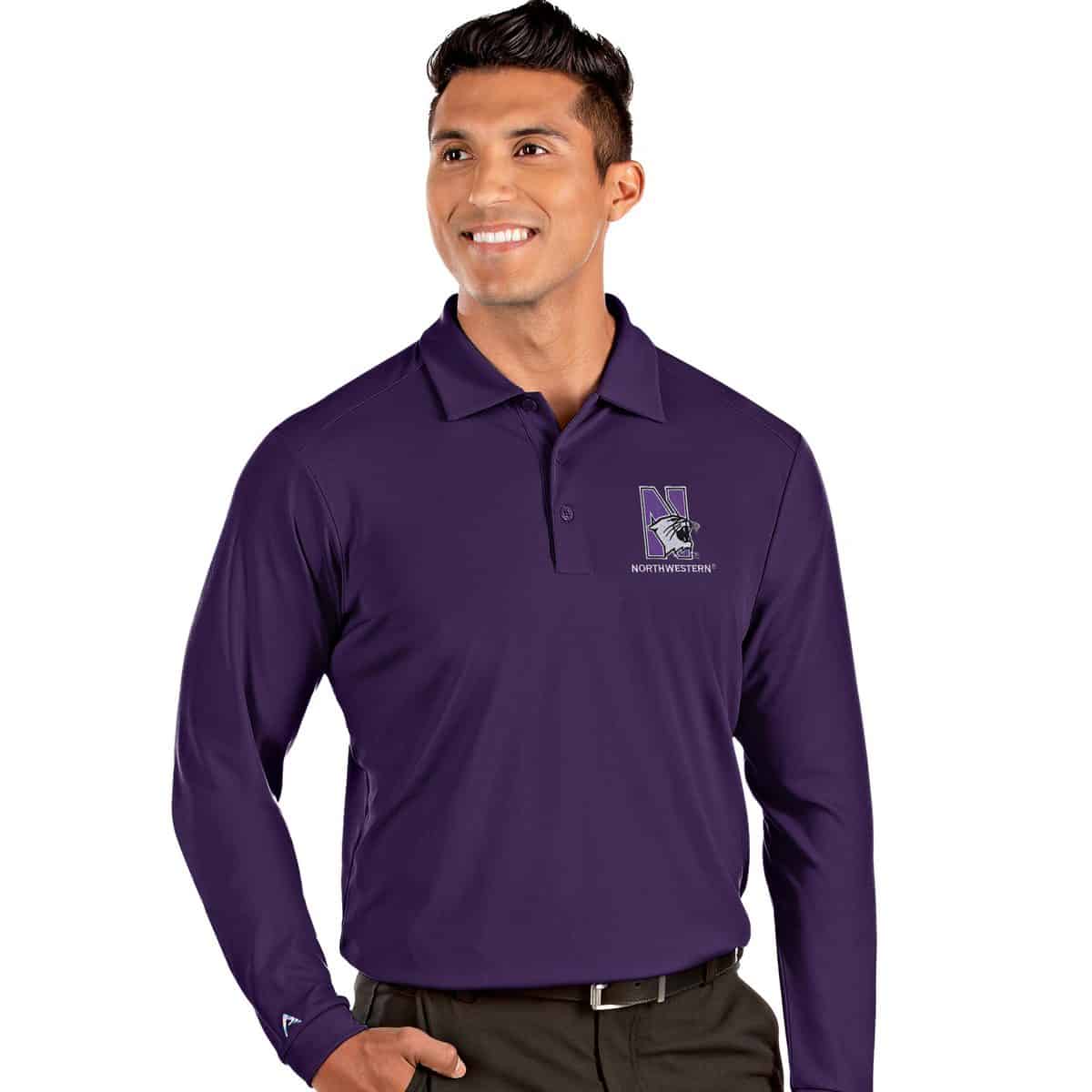 Northwestern University Wildcats Men's Antigua Purple L/S Tribute Polo Shirt with N-Cat Design