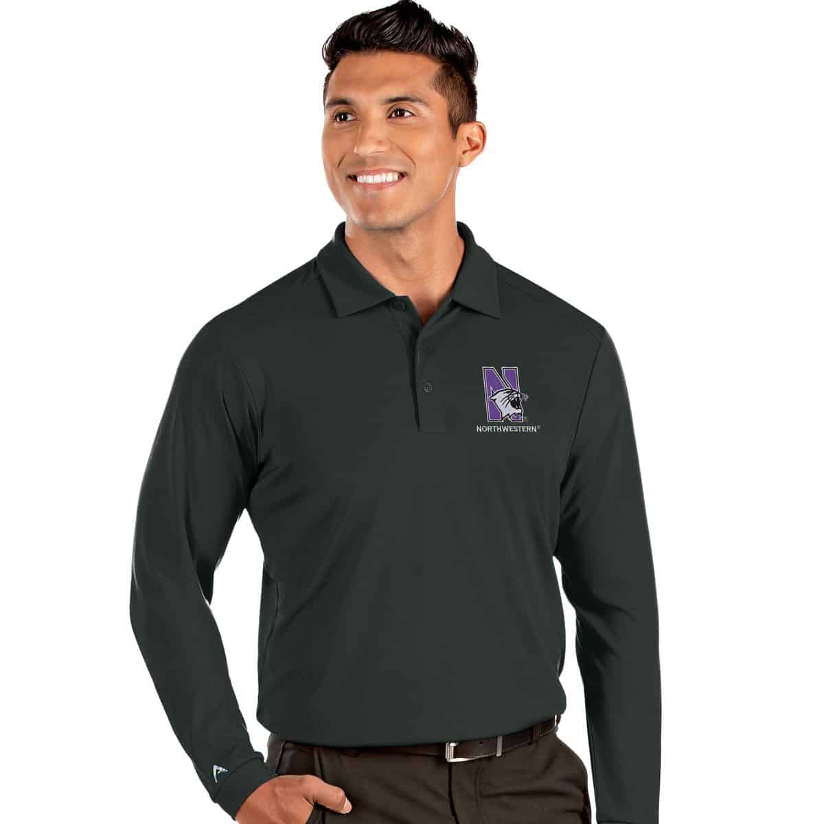 Northwestern University Wildcats Men's Antigua Smoke L/S Tribute Polo Shirt with N-Cat Design