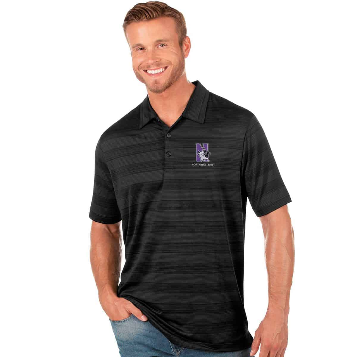 Northwestern University Wildcats Men's Antigua Black Multi Compass Polo Shirt with N-Cat Design