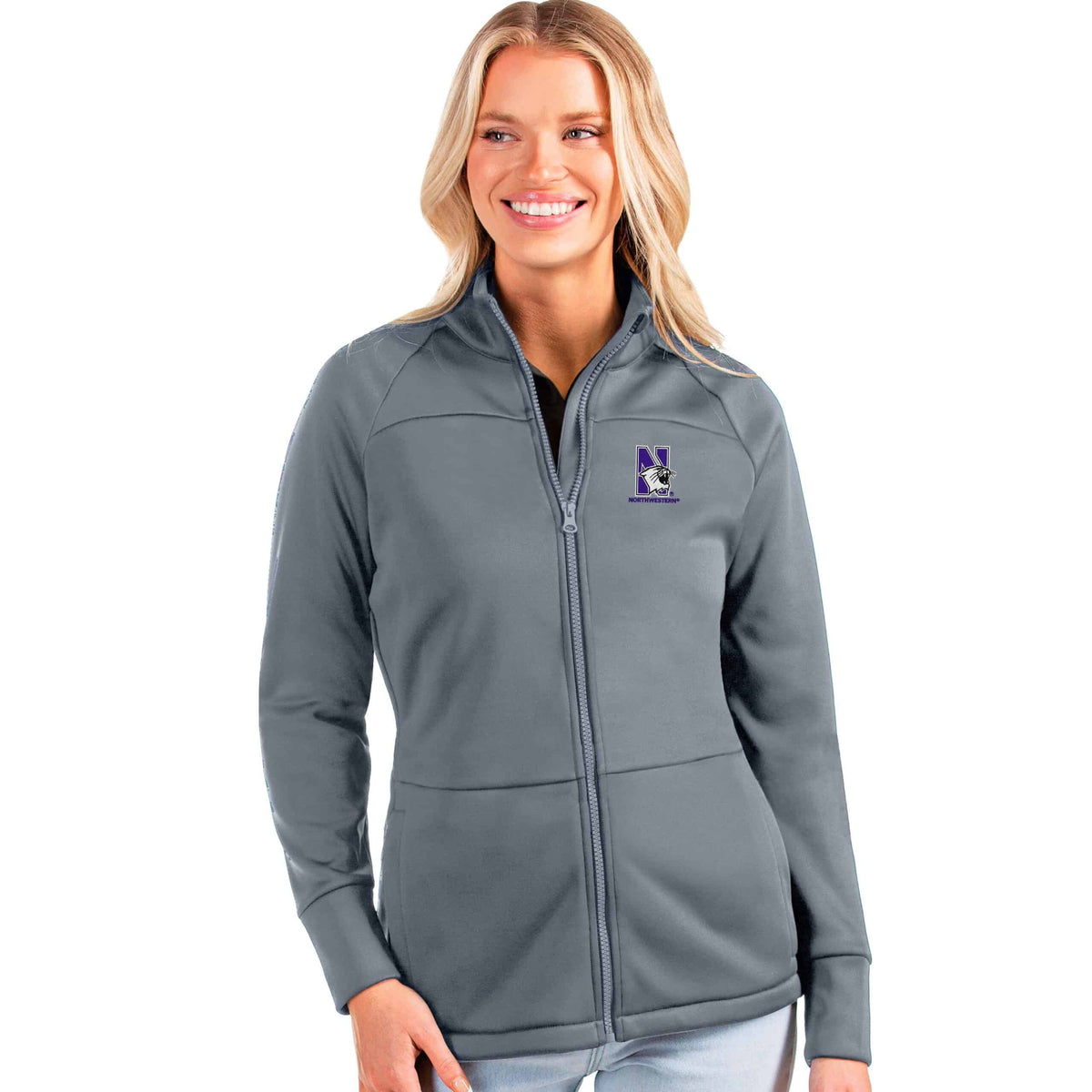 Northwestern Wildcats Women's Antigua Links Golf Jacket in Steel with N-Cat Design