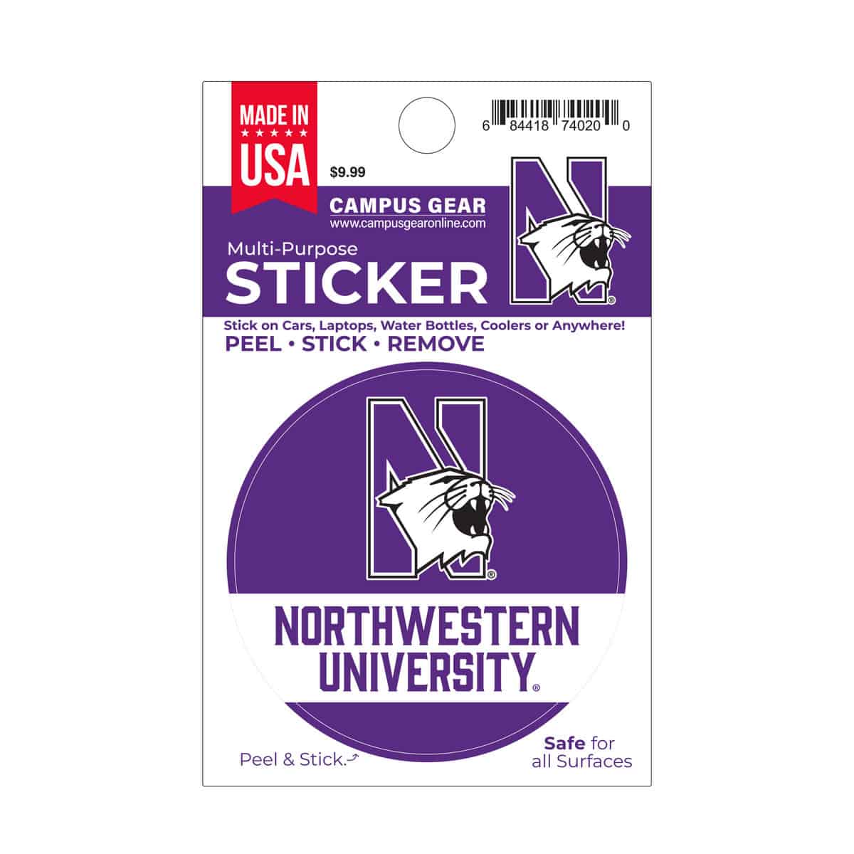 Northwestern University Wildcats Full Color Outside Application 3" Circular Multi-Purpose Sticker Design #11 N-Cat