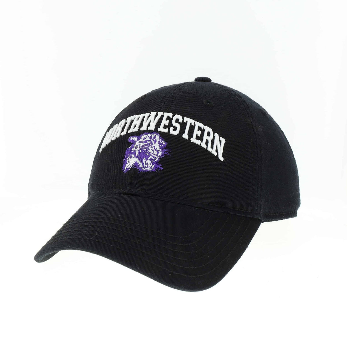Northwestern University Wildcats Legacy Unconstructed Adjustable Black Hat with Arched Northwestern Over Vintage Cat's Head Design