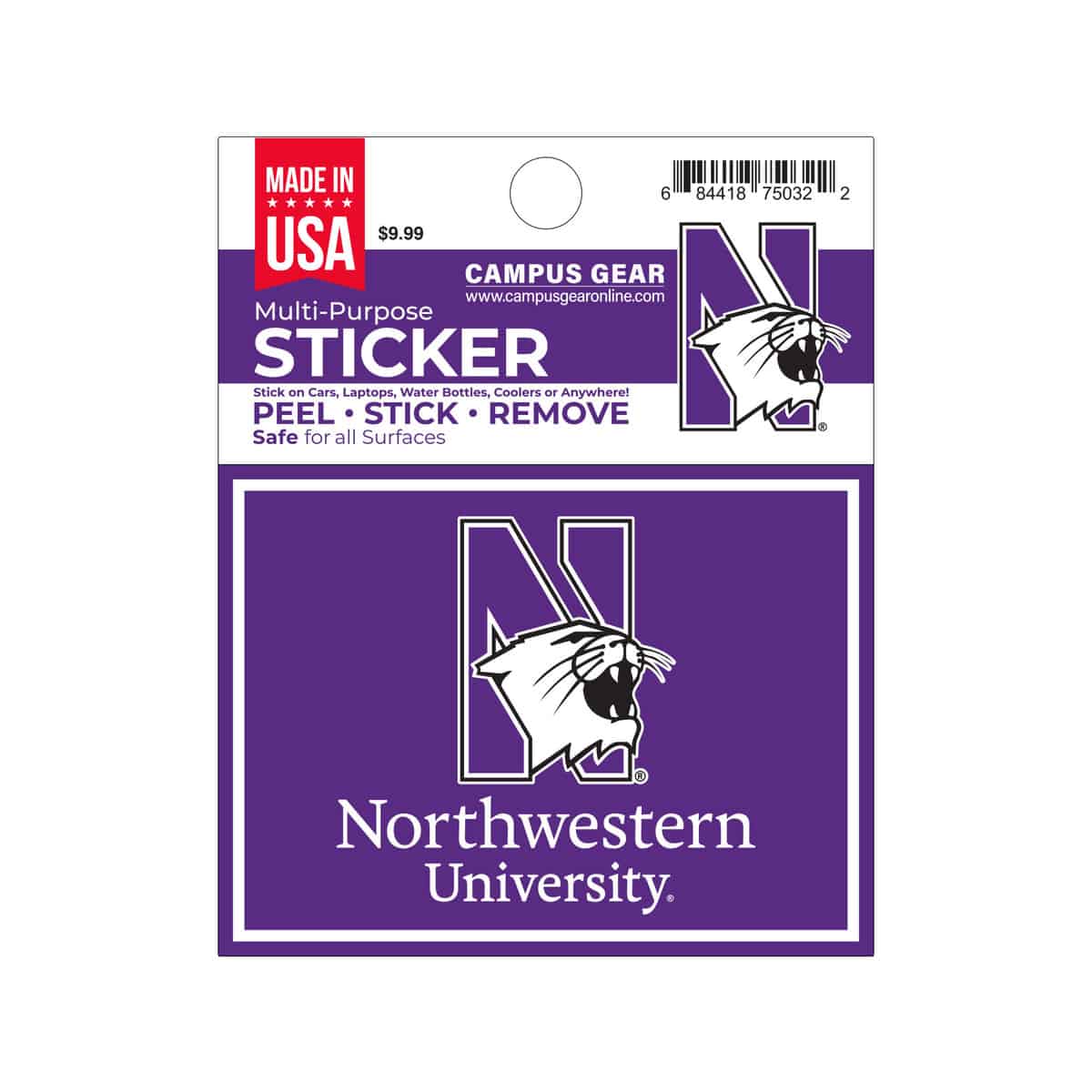 Northwestern University Wildcats Full Color Outside Application 4"X3" Rectangular Multi-Purpose Sticker Design #14 N-Cat