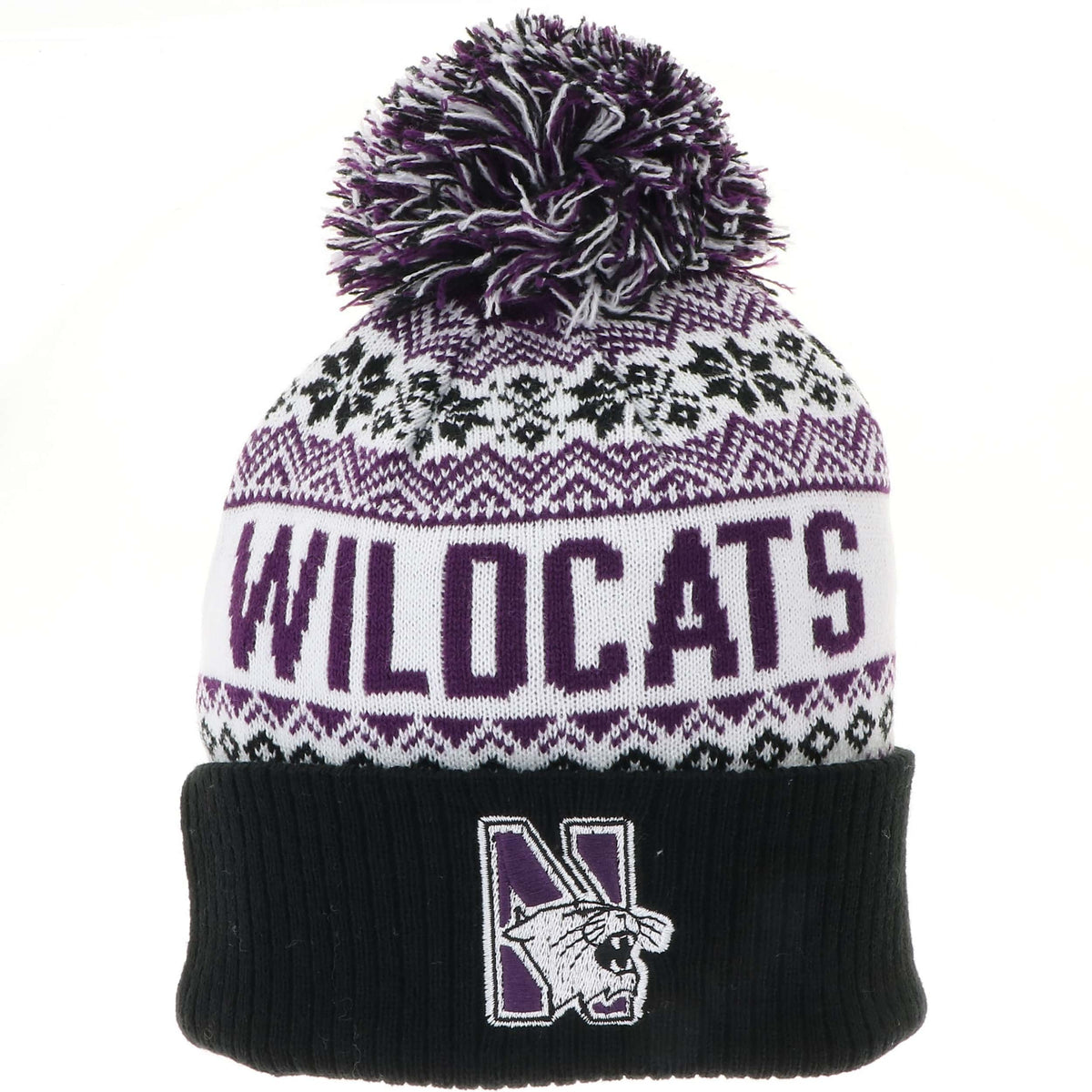 Northwestern University Wildcats Adult Snowflake Knit Cuff Hat with Pom