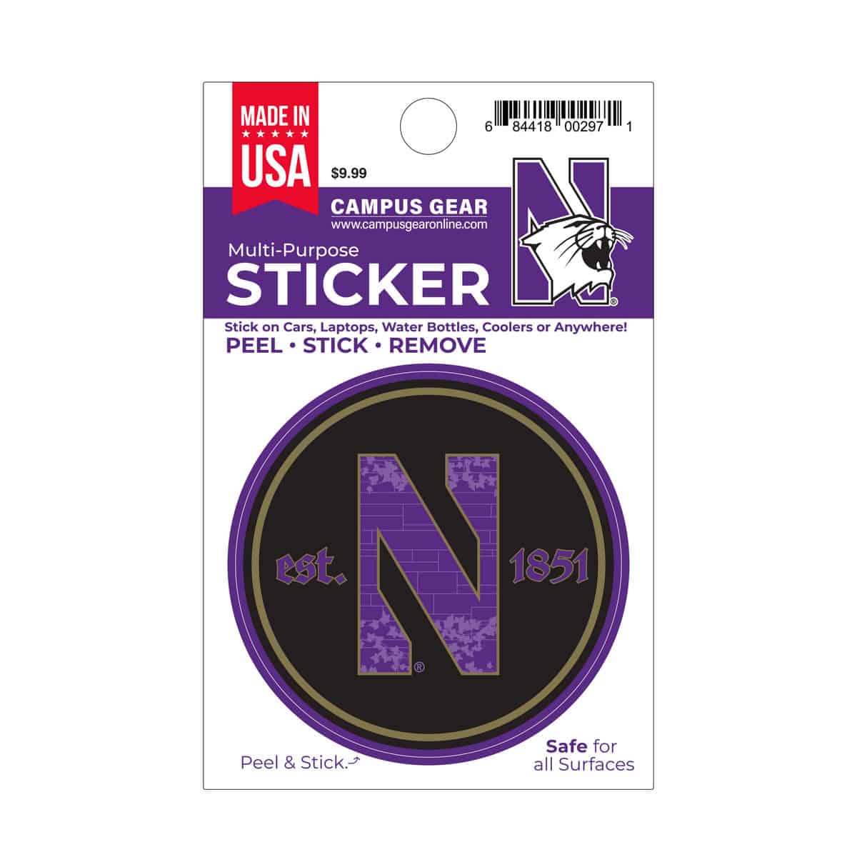 Northwestern University Wildcats Full Color Outside Application 3" Circular Multi-Purpose Sticker Design #18 Gothic