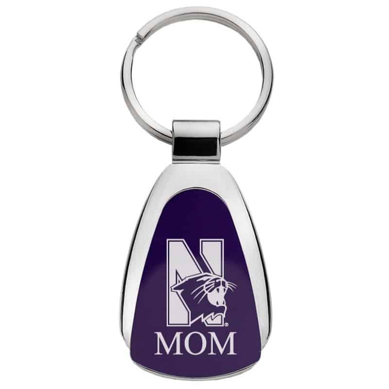 Northwestern University Wildcats Laser Engraved Purple Teardrop Key Chain with Mascot & MOM Design