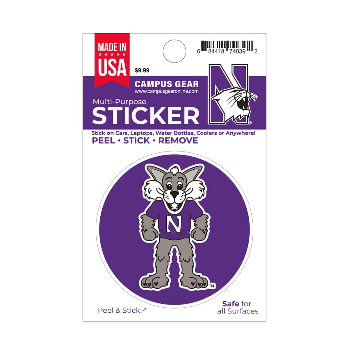 Northwestern University Wildcats Full Color Outside Application 3" Circular Multi-Purpose Sticker Design #21 Willie the Wildcat