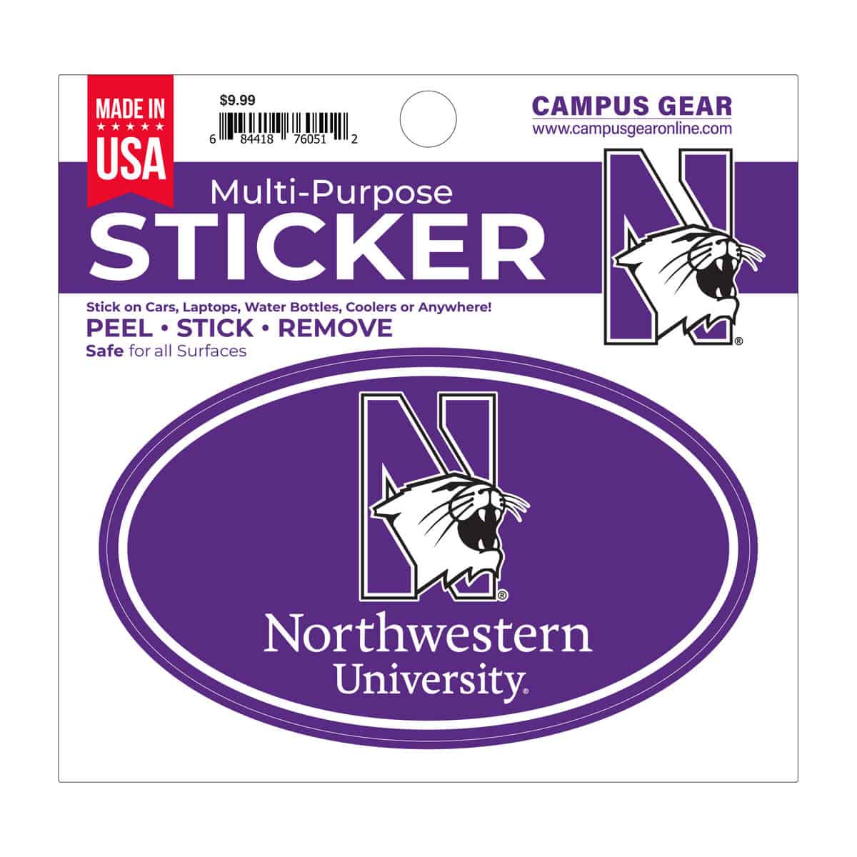 Northwestern University Wildcats Full Color Outside Application 3"X5" Oval Multi-Purpose Sticker Design #21 N-Cat