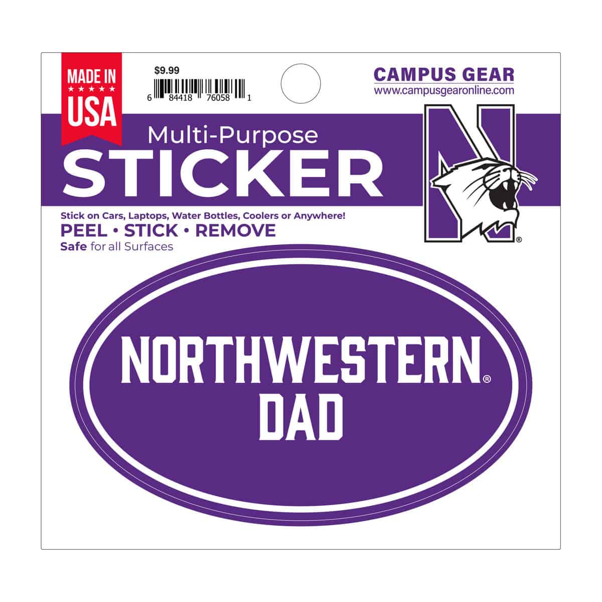 Northwestern University Wildcats Full Color Outside Application 3"X5" Oval Multi-Purpose Sticker Design #25 Dad