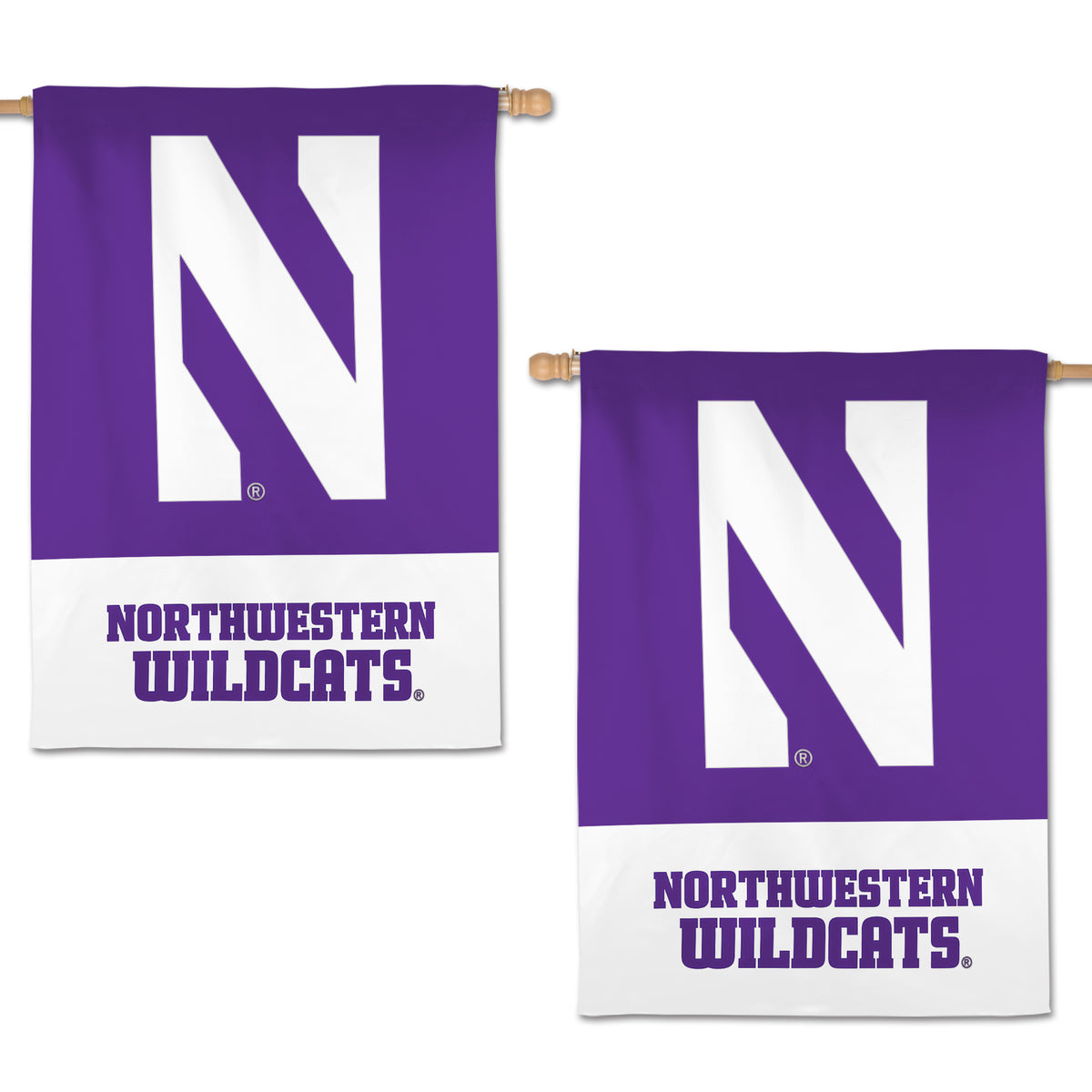 Northwestern University Wildcats 28"X40" Two Sided Purple Vertical Applique Flag with N-Cat Design & Northwestern Wildcats