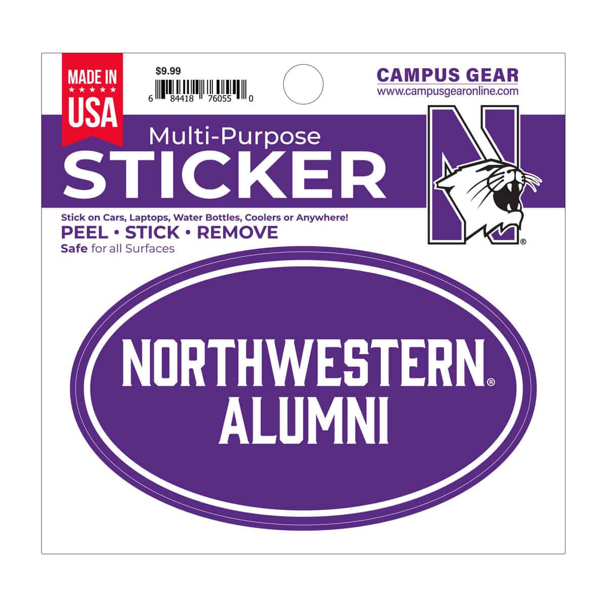 Northwestern University Wildcats Full Color Outside Application 3"X5" Oval Multi-Purpose Sticker Design #32 Alumni