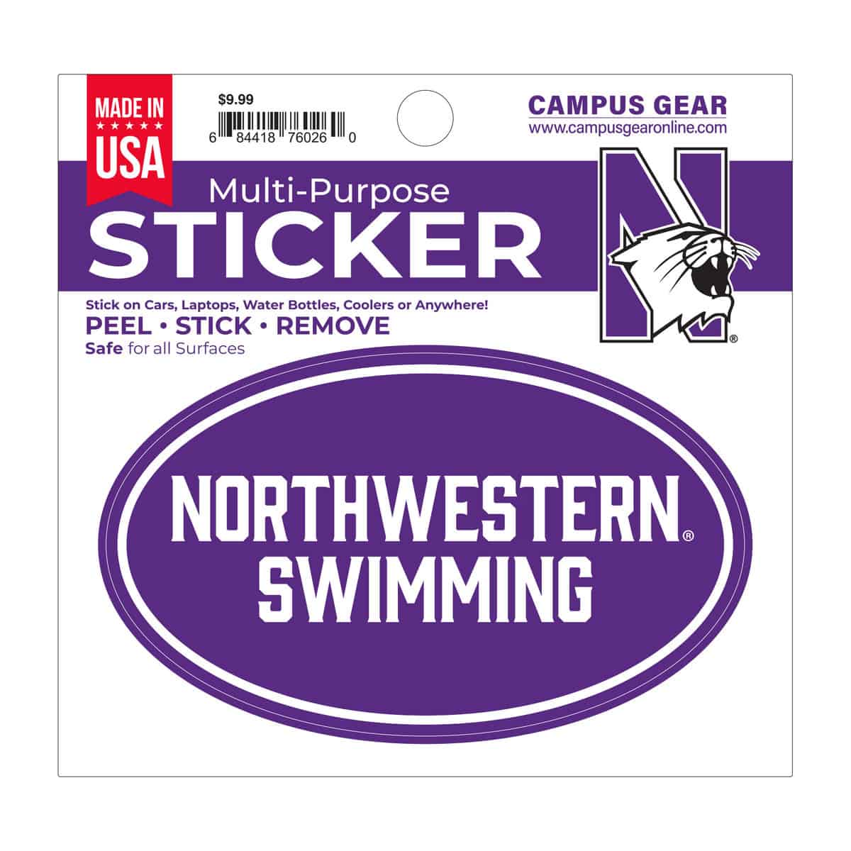 Northwestern University Wildcats Full Color Outside Application 3"X5" Oval Multi-Purpose Sticker Design #40 Swimming