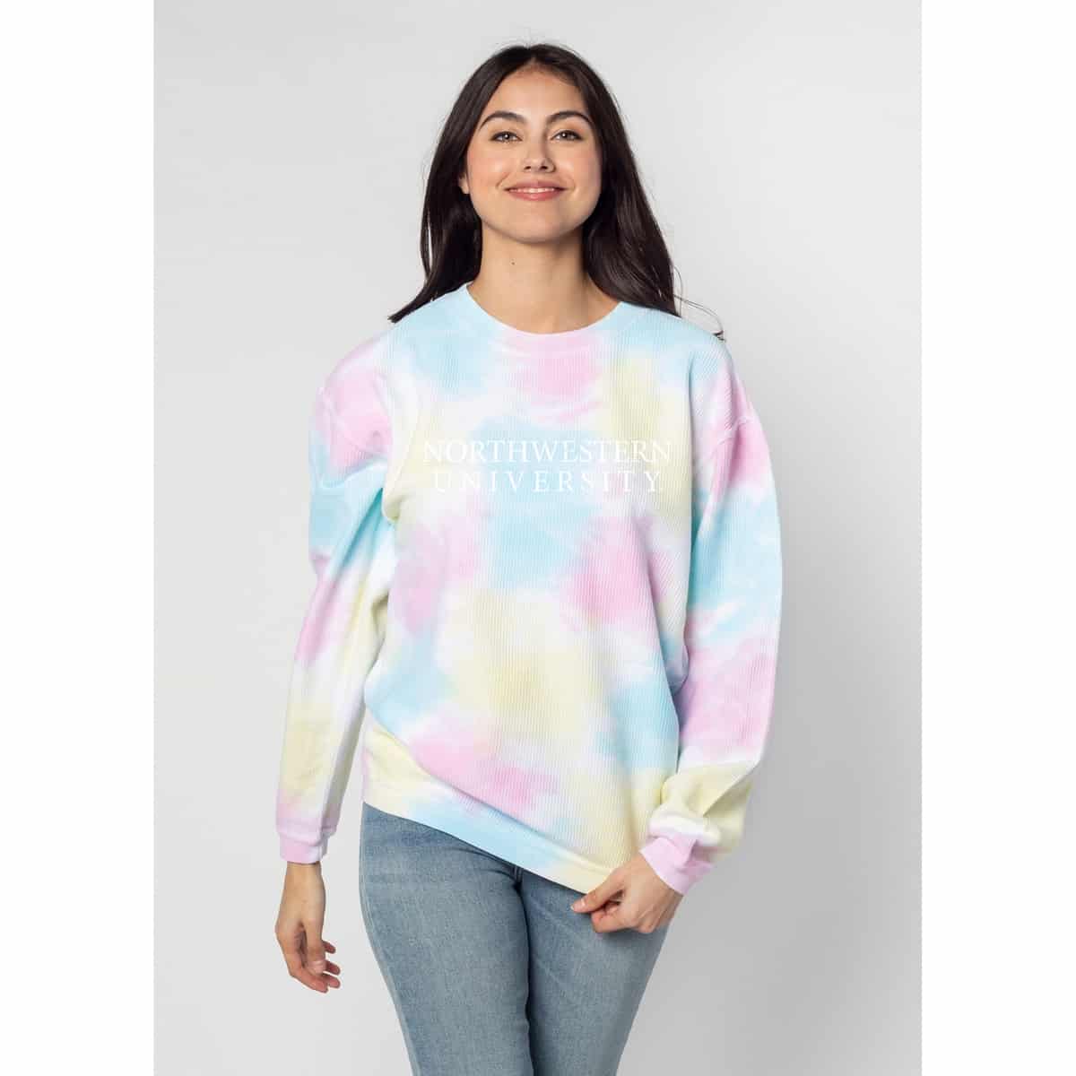 Northwestern University Wildcats Chicka-d Pastel Color Tie-Dye Crewneck Sweatshirt with Distressed Northwestern University Design