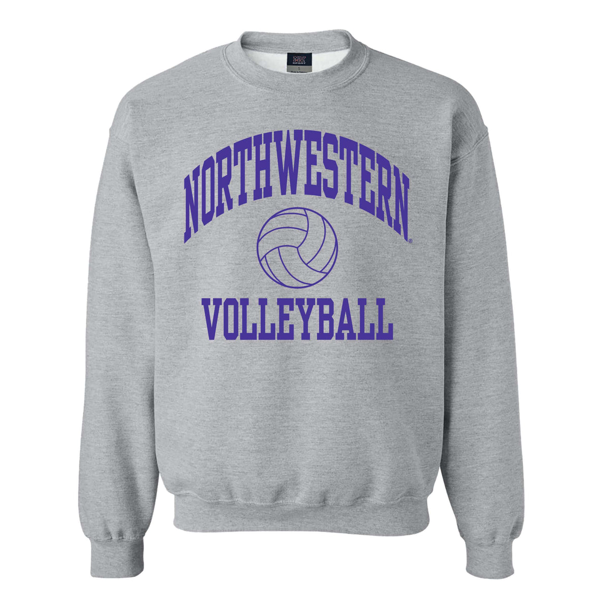 Northwestern University Wildcats Men's MV Fundamental Fleece Heather Grey Crewneck Sweatshirt with Northwestern Volleyball Design