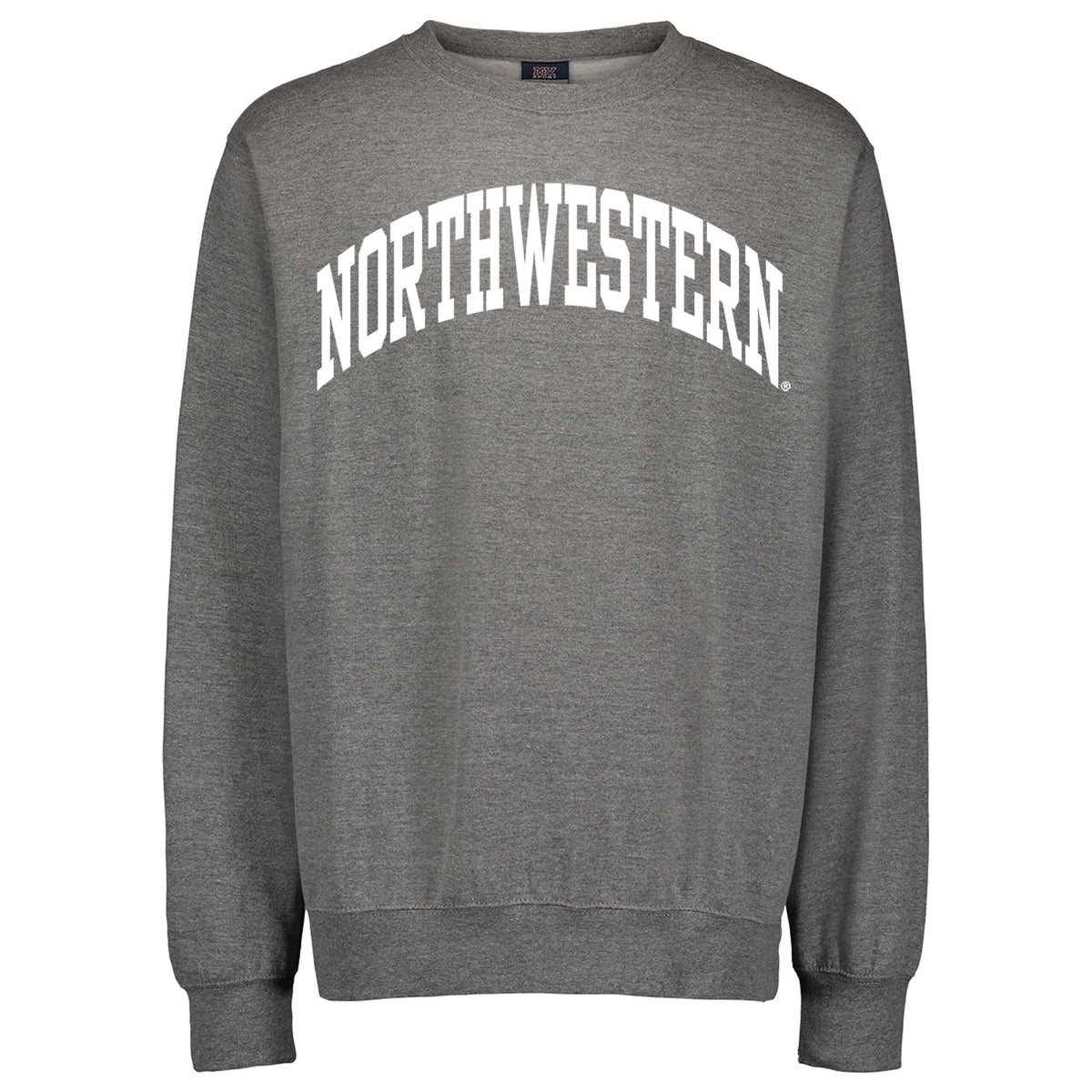 Northwestern University Wildcats Men's MV Fundamental Fleece Graphite Crewneck Sweatshirt with One Color Arch Design in White