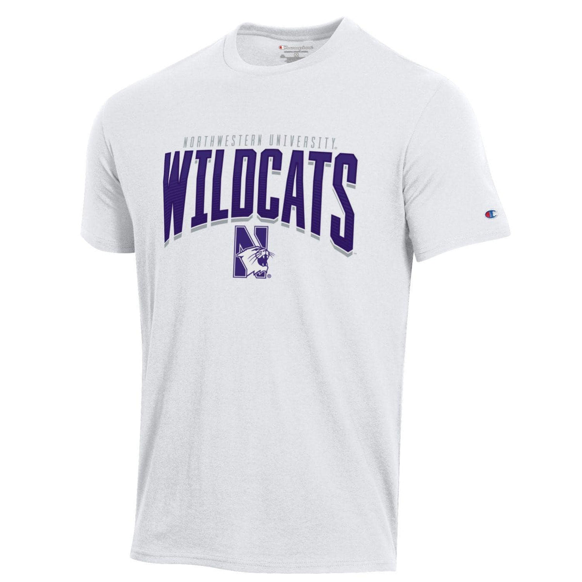 Northwestern University Wildcats Men's White Short Sleeve Tee Shirt with HD Northwestern Wildcats Over N-cat Design