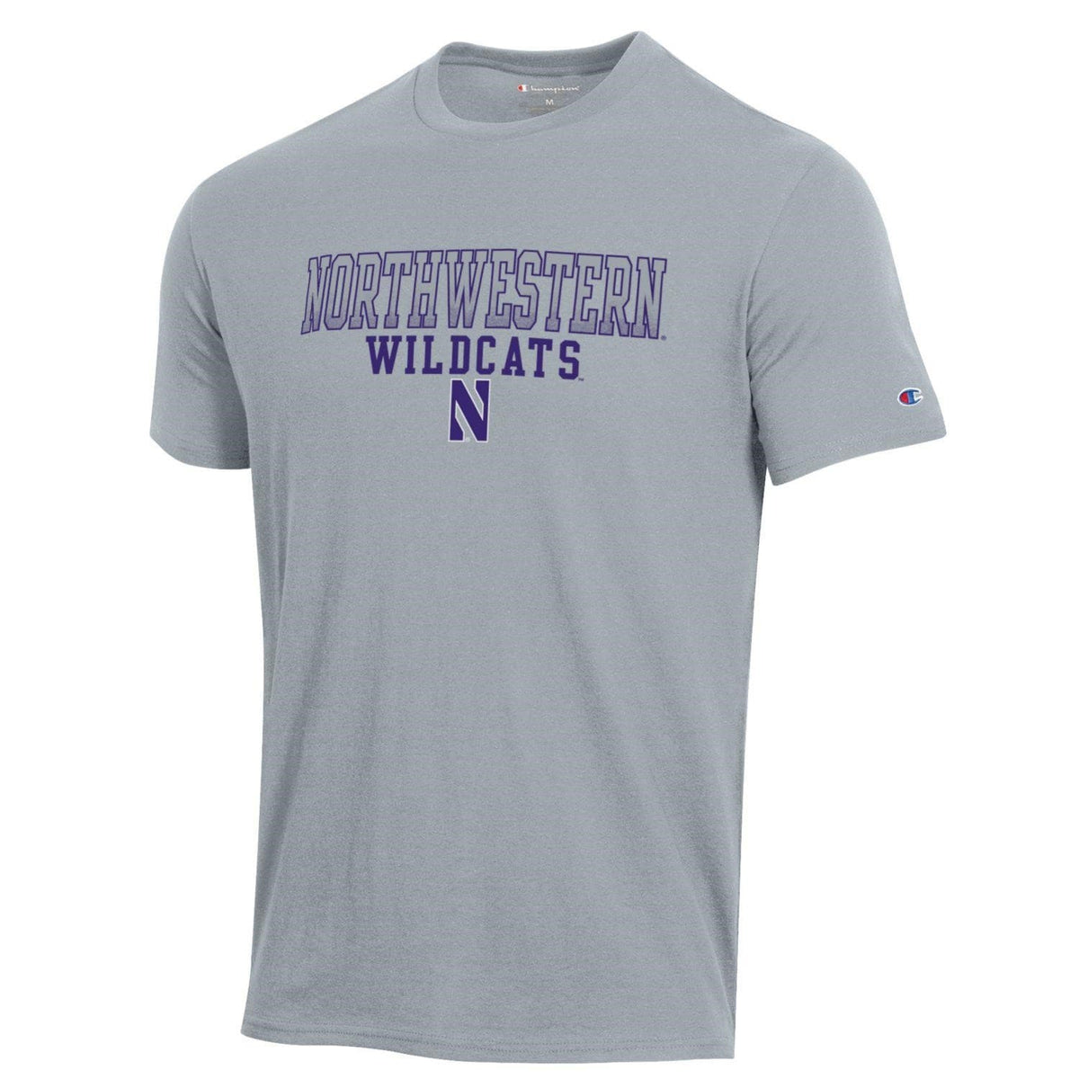 Northwestern University Wildcats Men's Grey Short Sleeve Tee Shirt with Straight Northwestern Wildcats Over N Design