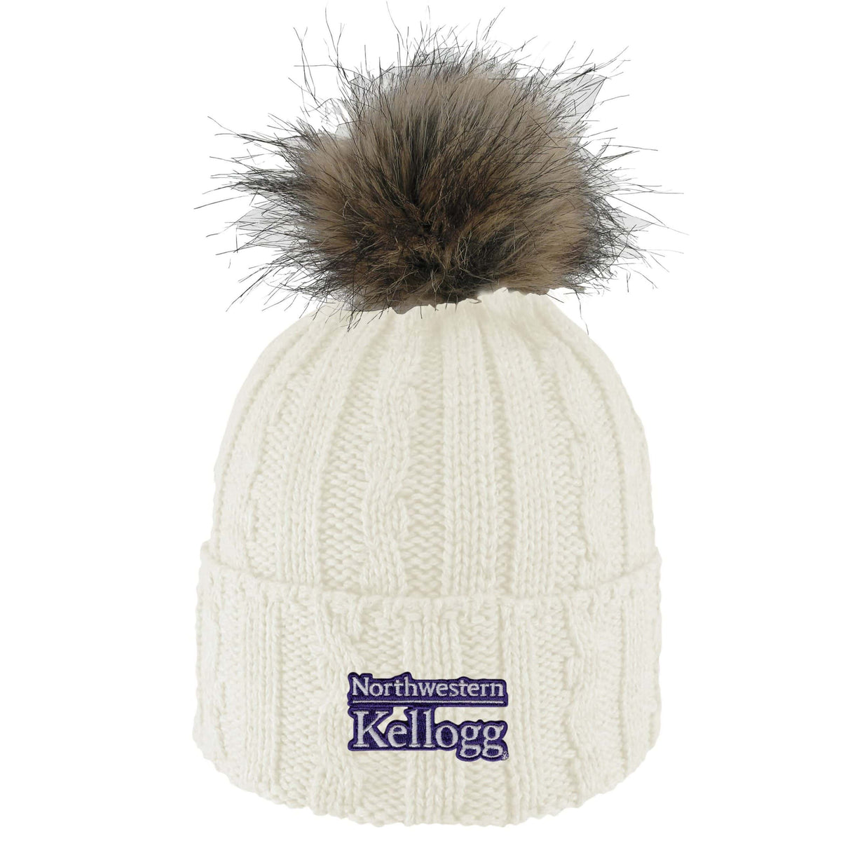 Northwestern I Kellogg Alps Cream Knit Cuff Hat with Flux Fur Pom