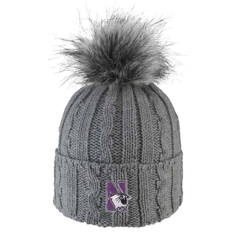 Northwestern University Wildcats Adult ALPS Grey Knit Cuff Hat With Faux Fur Pom