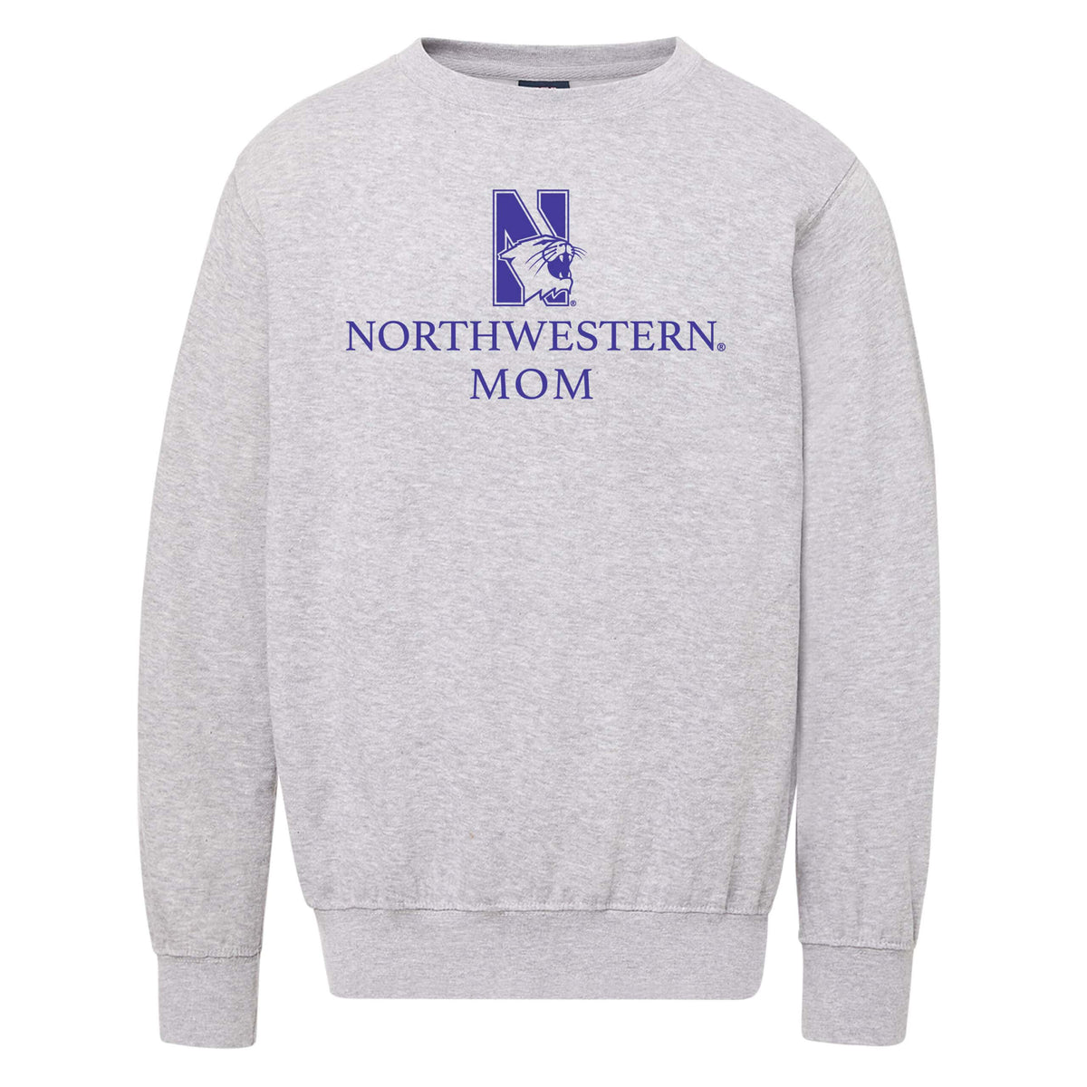 Northwestern University Wildcats Men's MV Fundamental Fleece Heather Grey Crewneck Sweatshirt with Northwestern Mom & N-Cat Design