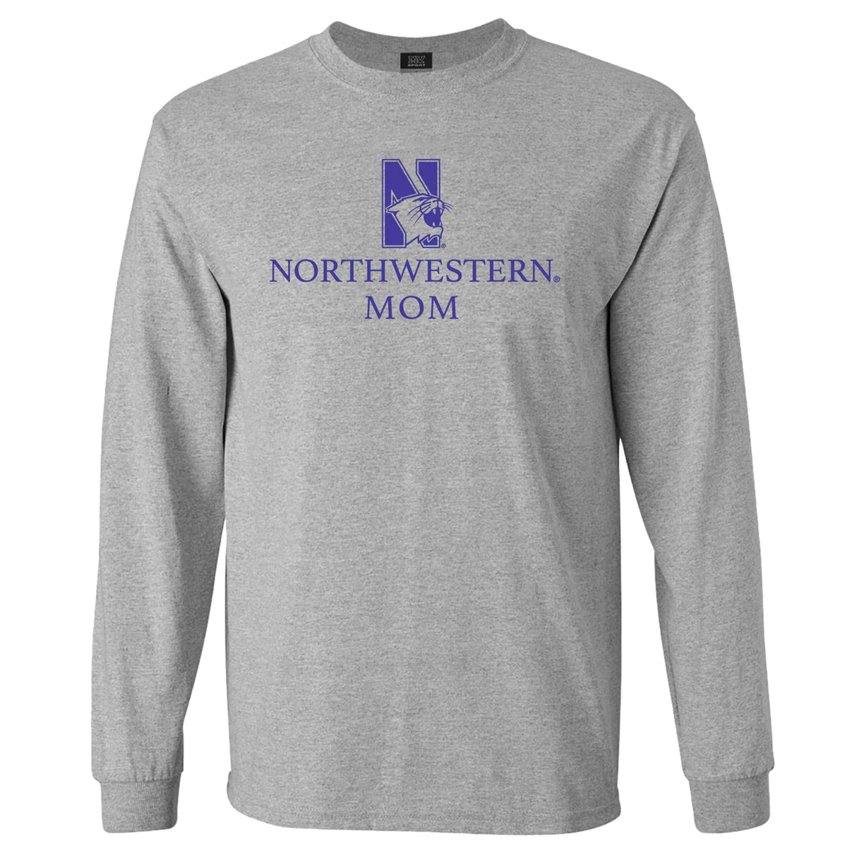Northwestern University Wildcats Men's MV Heather Grey Classic Long Sleeve Tee with Northwestern Mom & N-Cat Design