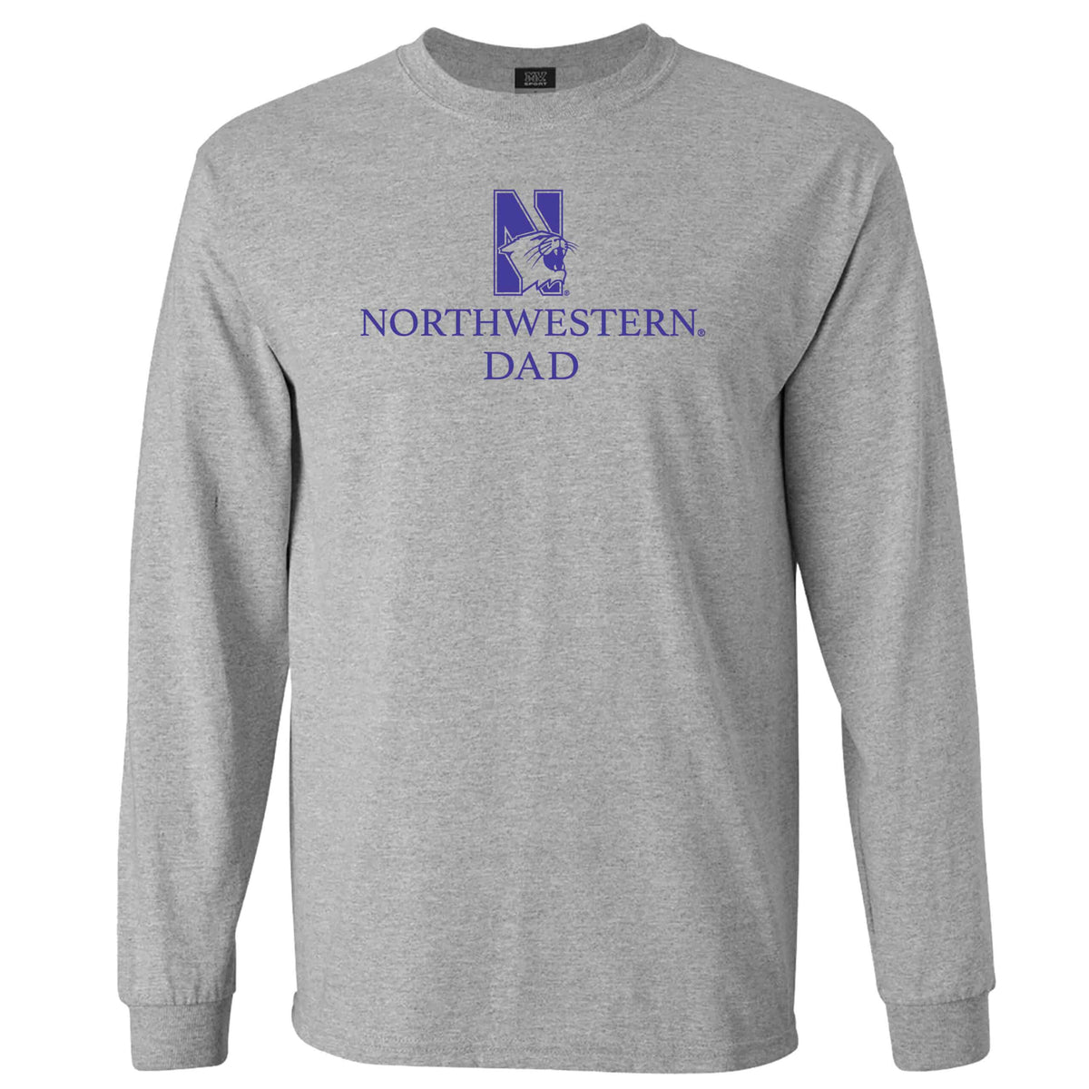 Northwestern University Wildcats Men's MV Heather Grey Classic Long Sleeve Tee with Northwestern Dad & N-Cat Design