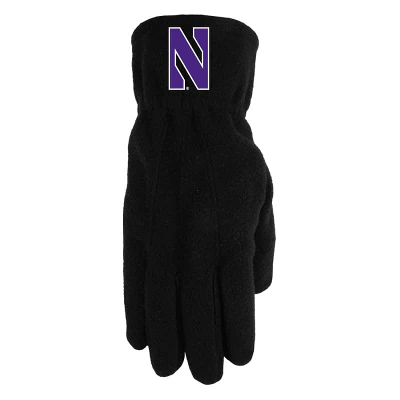 Northwestern University Wildcats Black Polar Fleece Gloves With Stylized N Design