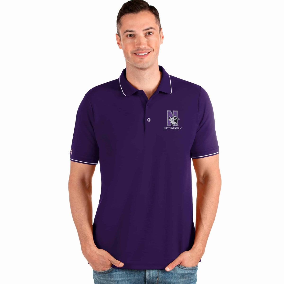 Northwestern University Wildcats Men's Antigua Affluent Polo Shirt in Purple with N-Cat Design