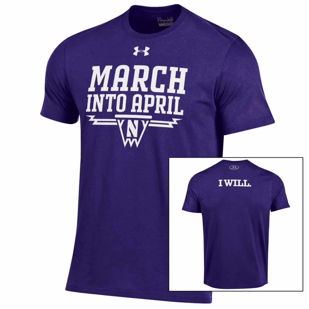 Northwestern University Wildcats Men’s Under Armour Purple Tee with March into April Basketball Design