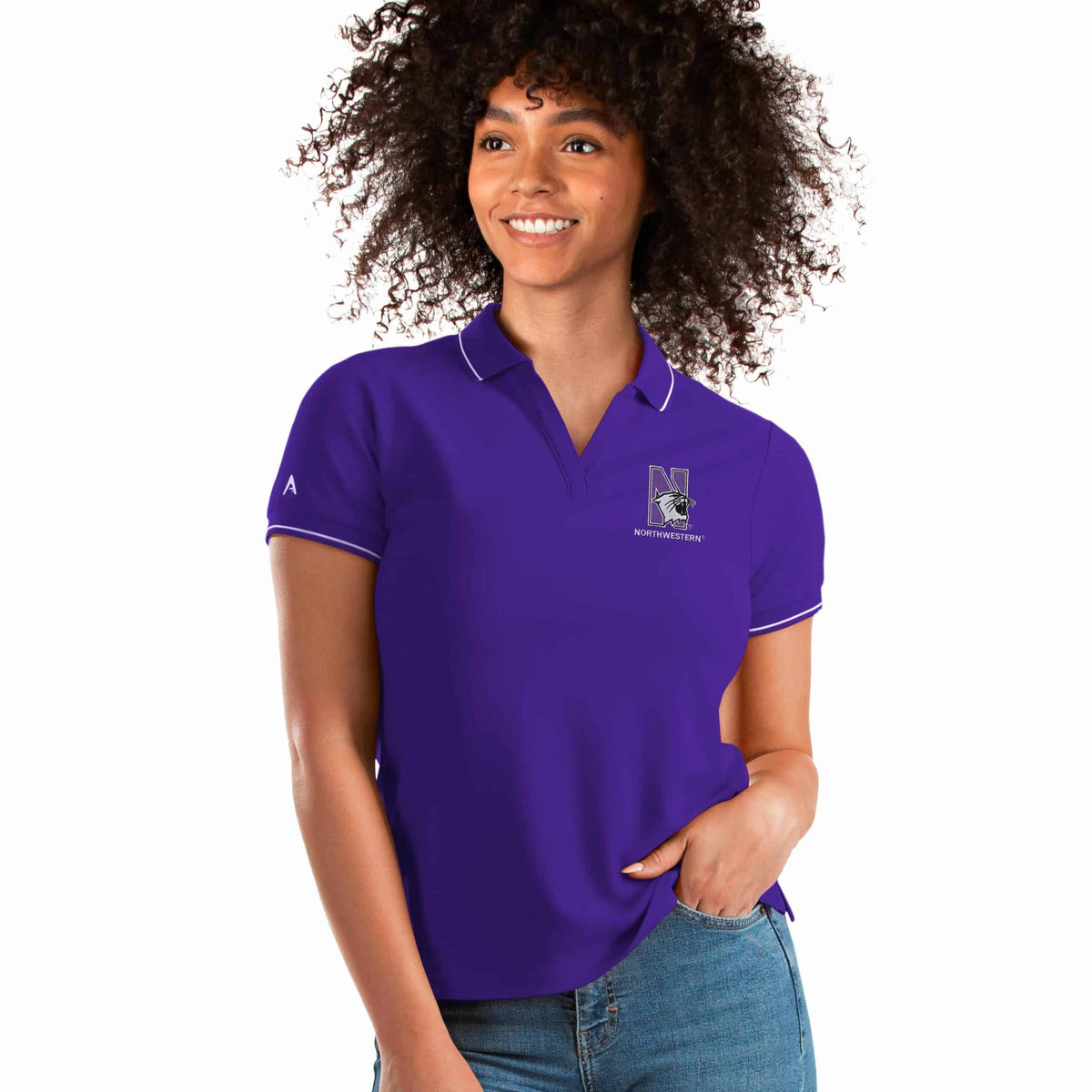 Northwestern University Wildcats Women's Antigua Affluent Polo Shirt in Purple with N-Cat Design