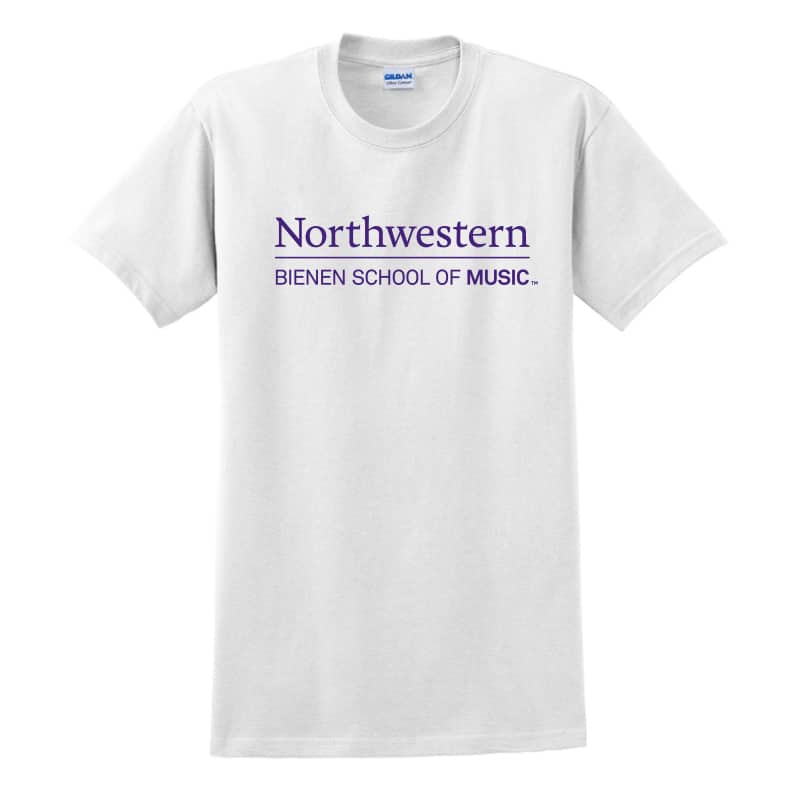 Northwestern University White Short Sleeve Tee Shirt with Bienen School of Music Design
