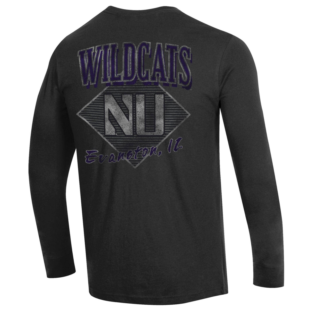Northwestern University Wildcats Men's Champion Black Long Sleeve Tee Shirt with Three Location Faded Print -Back