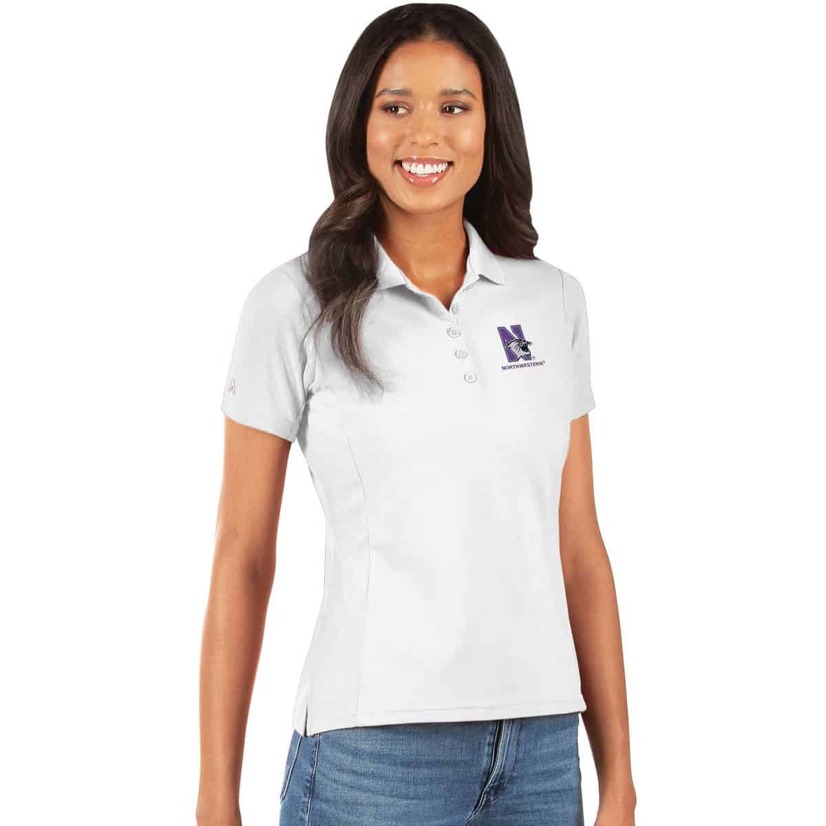 Northwestern University Wildcats Women's Antigua White Legacy Polo Shirt with N-Cat Design
