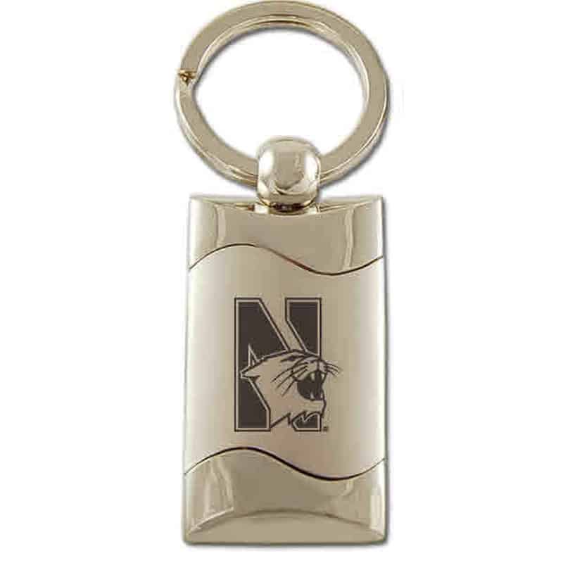 Northwestern University Wildcats Laser Engraved Silver Wave Key Chain with Mascot Design