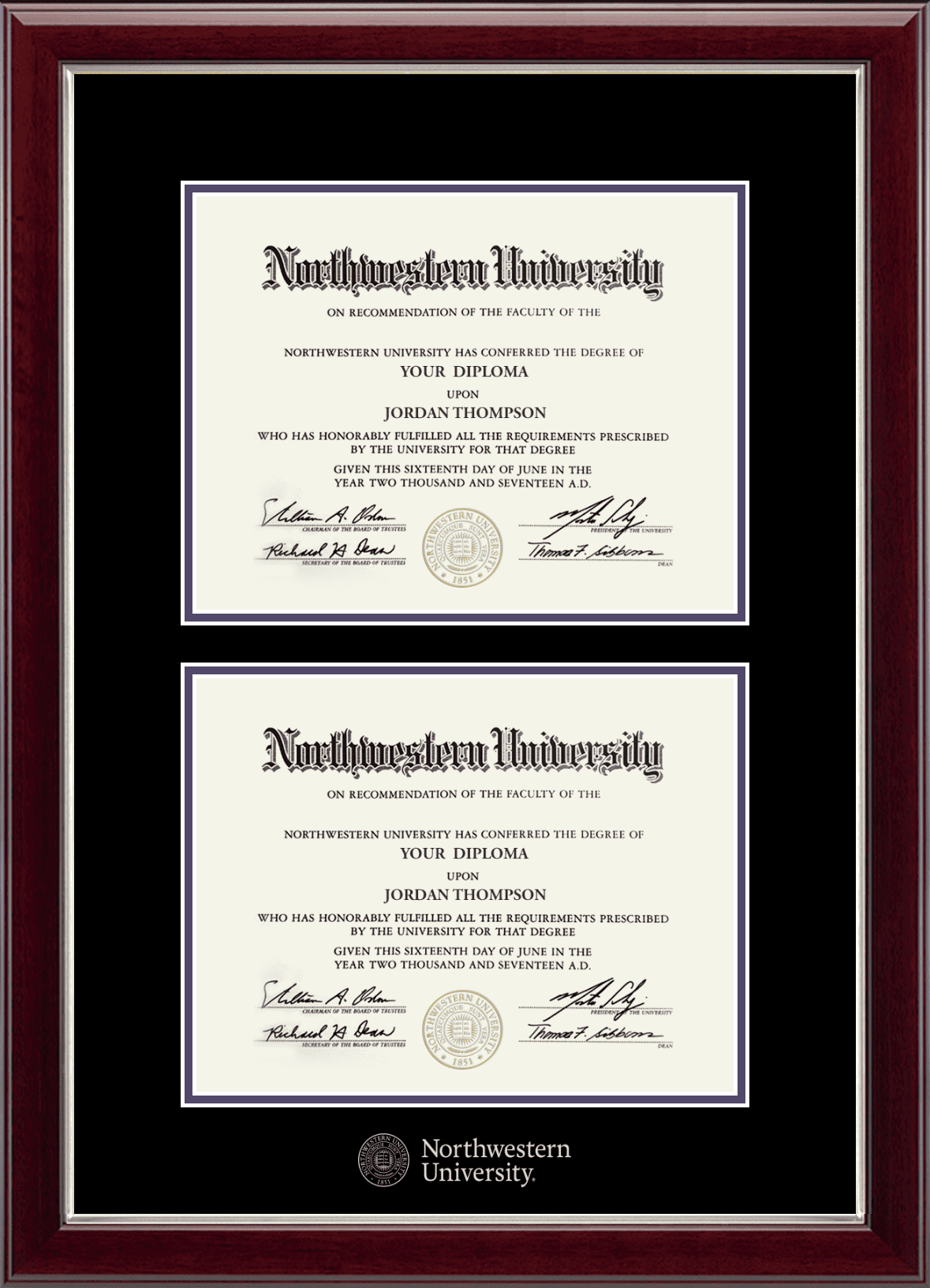Northwestern University Wildcats Double Diploma Frame in Gallery Silver with black and purple mats