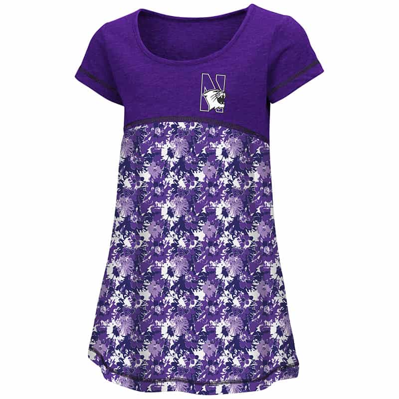 Northwestern University Wildcats Colosseum Purple Flower Pattern Toddler Fountain Dress with N-Cat Design