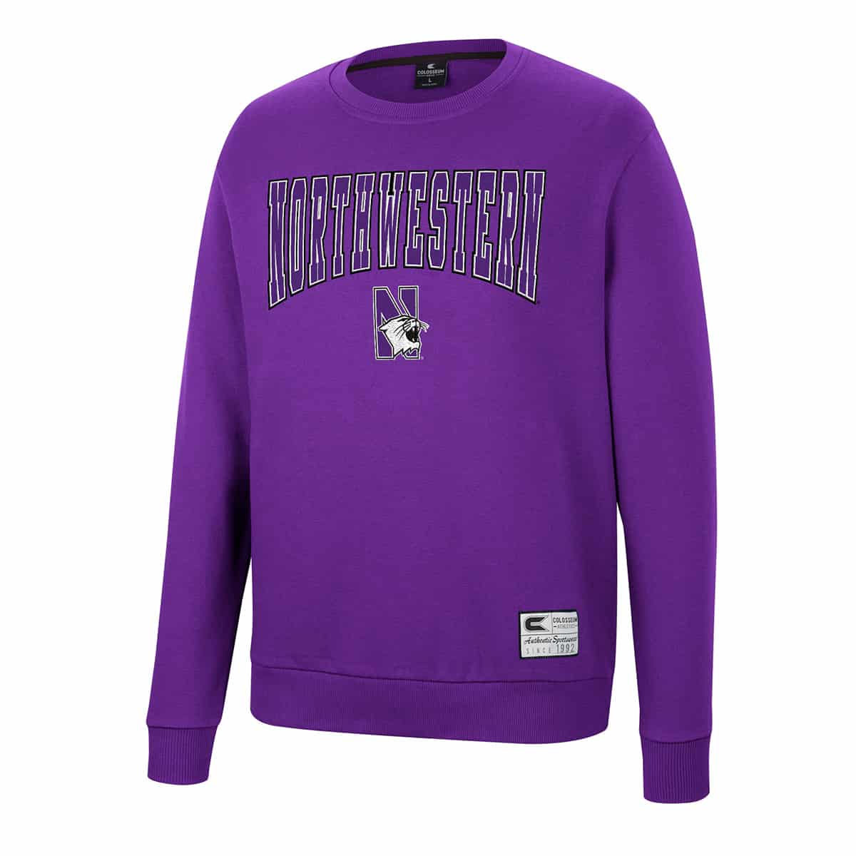 Northwestern University Wildcats Colosseum Men's Purple Scholarship Crewneck Fleece With School Name and N-Cat Design