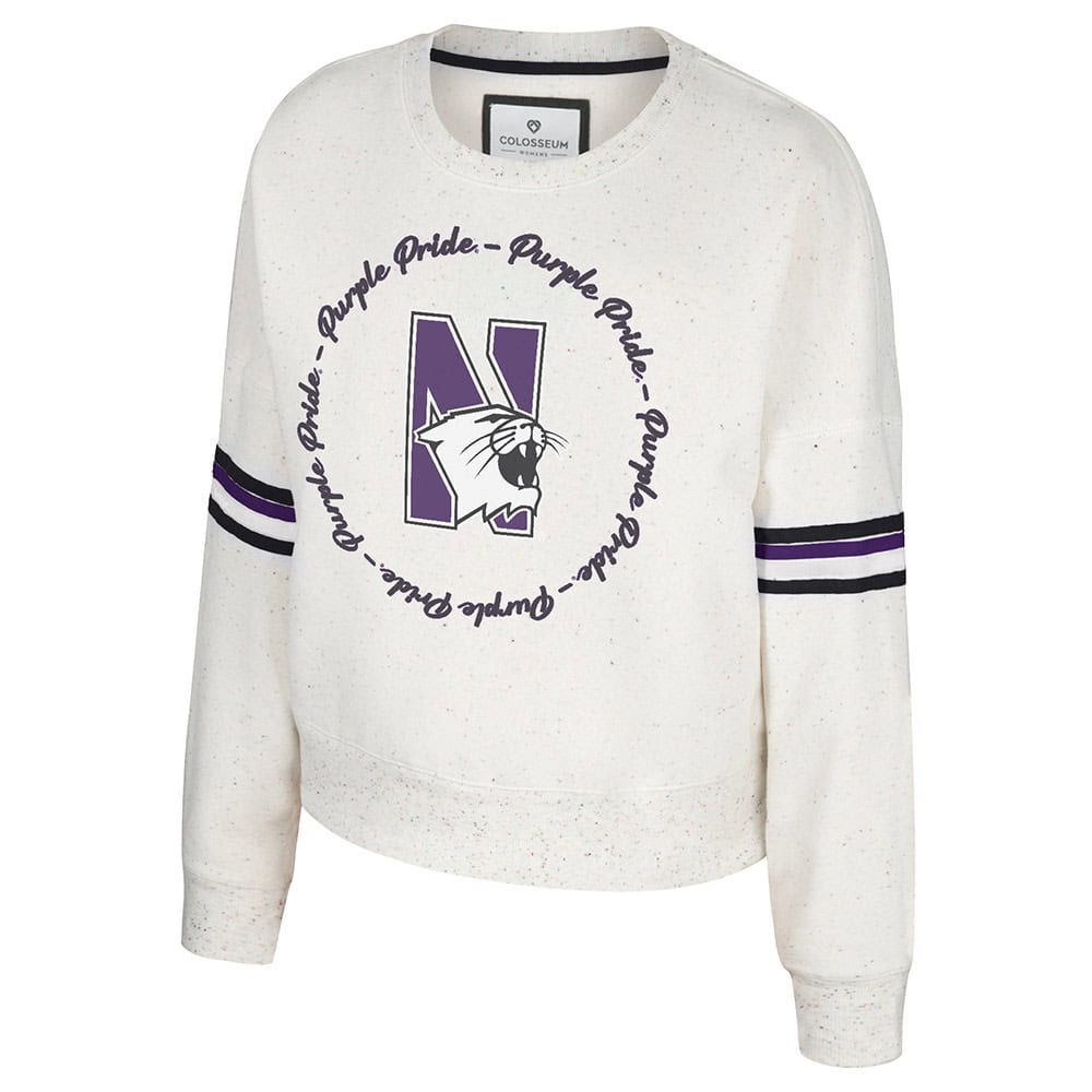 Northwestern University Wildcats Colosseum Women's Novelist Crewneck Fleece with N-Cat Design