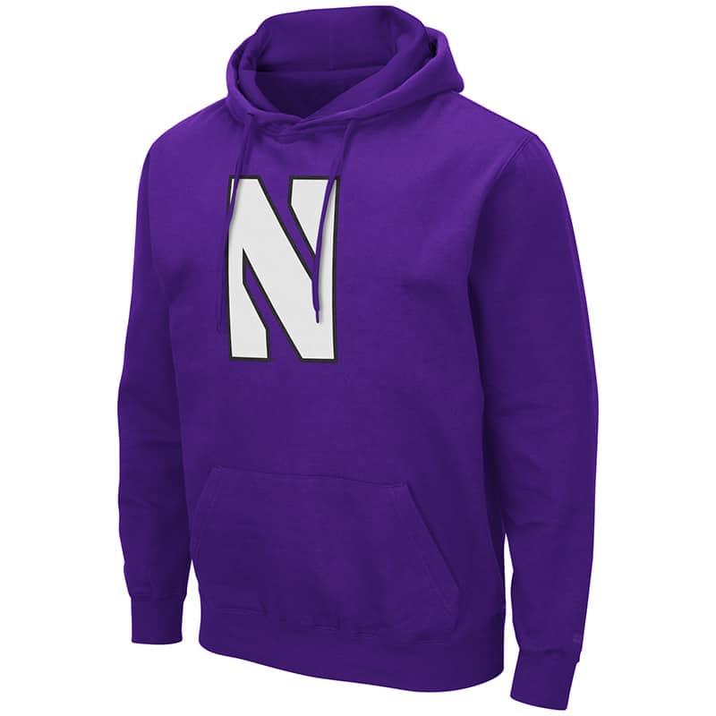 Northwestern University Wildcats Colosseum Men's Purple Hooded Sweatshirt With Appliqué Embroidered Stylized N Design
